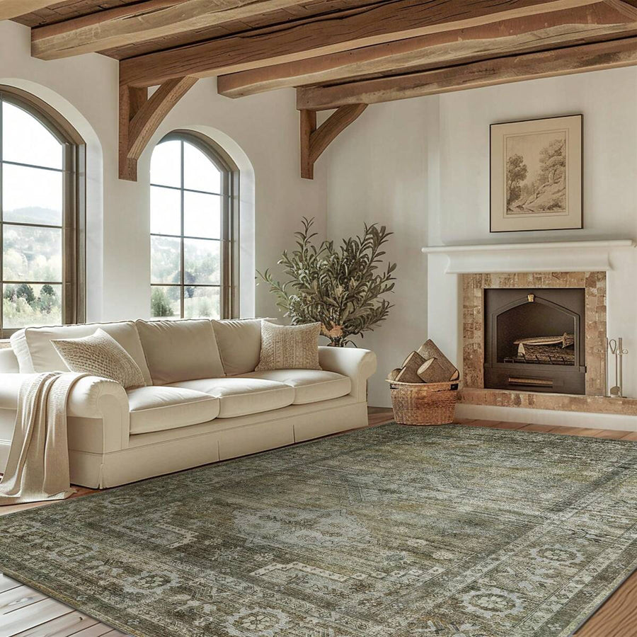 Washable Rug For Living Room Bedroom, Area Rugs Neutral Soft Vintage Print Carpet In Sage Green, Low Pile Mat With Non-Slip Rubber Backing