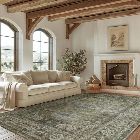 Washable Rug For Living Room Bedroom, Area Rugs Neutral Soft Vintage Print Carpet In Sage Green, Low Pile Mat With Non-Slip Rubber Backing