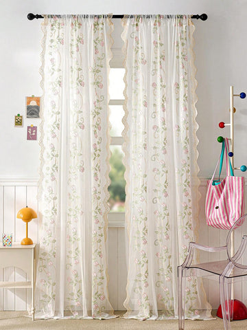 1pc French Pastoral Embroidered Sheer Curtain, No Drilling Required For Balcony, Bedroom, Suitable For Multiple Occasions