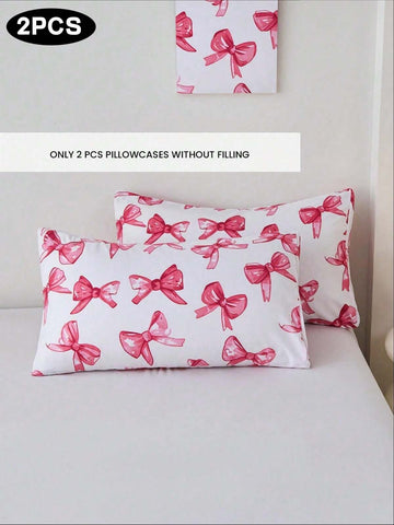 2pcs White & Pink Bow Print Envelope Pillowcases, Soft Breathable Patterned Pillowcases Without Filling, Ultra Soft Cool Luxury Printed Bed Pillowcases, Envelope Closure, No Filling, Suitable For Double/Queen/King Size Beds