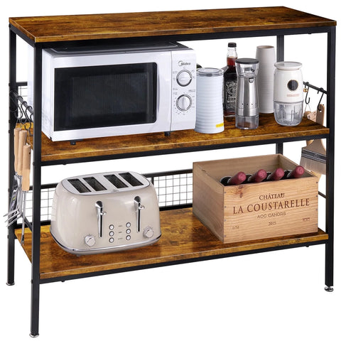 Behost 3-Tier Rolling Cart Microwave Stand with 10 Hooks, Coffee Bar Kitchen Storage Rack Organizer, Rustic Brown